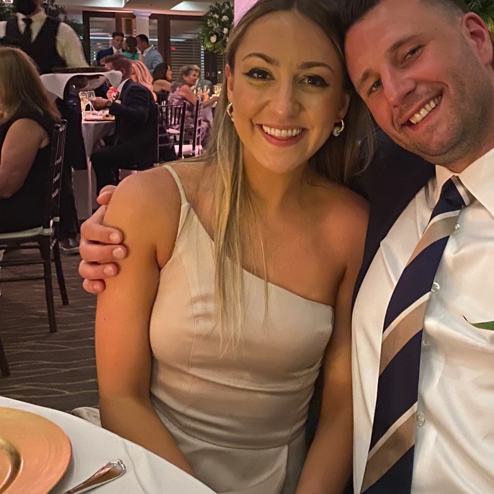 David’s Bridal One Shoulder Biscotti Dress